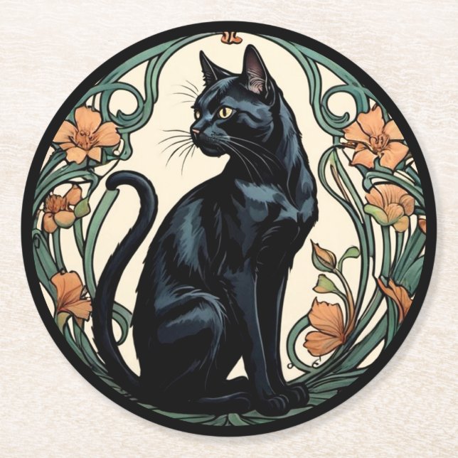 Dessous-de-verre Rond En Papier Art Nouveau Black Cat (Devant)