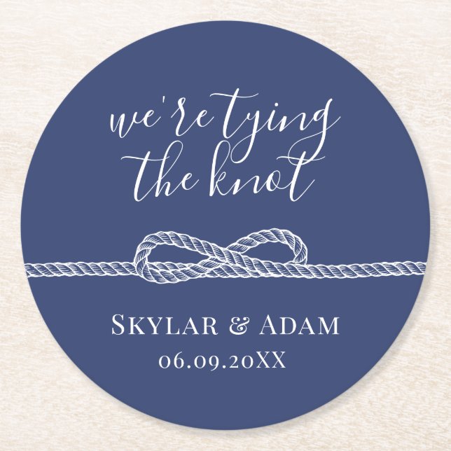 Dessous-de-verre Rond En Papier Attacher le noeud bleu marine Enregistrer la date (Devant)