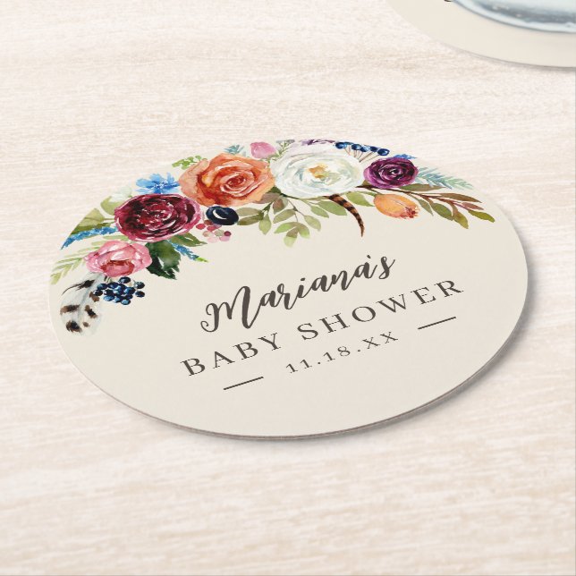 Dessous-de-verre Rond En Papier Automne Boho Blooms Baby shower personnalisé (Incliné)