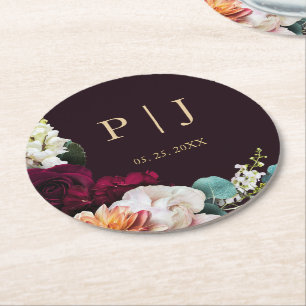 Dessous-de-verre Rond En Papier Automne Bourgogne rose Floral Mariage or