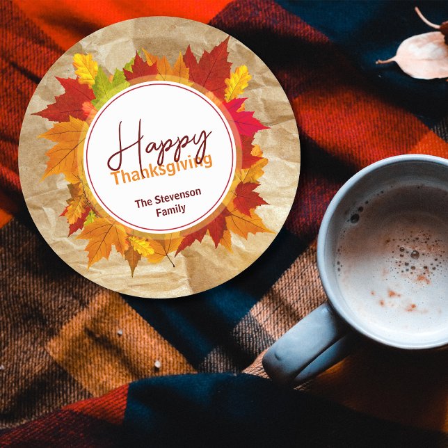 Dessous-de-verre Rond En Papier Automne Feuilles d'érable sur papier Texture Thank (Créateur téléchargé)