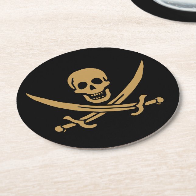 Dessous-de-verre Rond En Papier Aztec Gold Crâne et cutlass Pirate Calico Jack (Incliné)