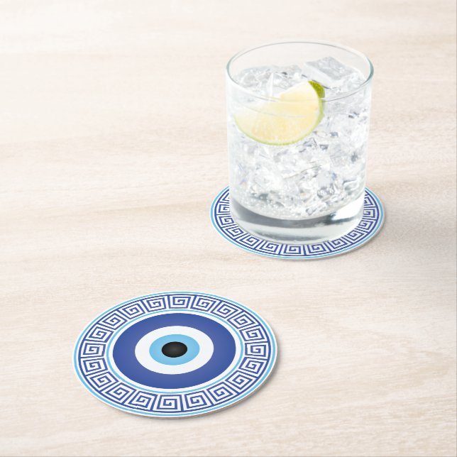 Dessous-de-verre Rond En Papier Aztèque Cercle grec Clé Mal Oeil Bleu Bleu (En situation)