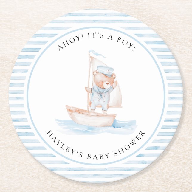 Dessous-de-verre Rond En Papier Baby shower Bear Bleu Stripe (Devant)