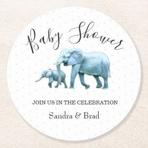 Dessous-de-verre Rond En Papier Baby shower bébé garçon, éléphant bleu