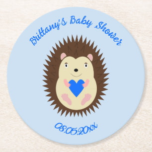Dessous-de-verre Rond En Papier Baby Shower Bébé Garçon Hérisson Cœur Bleu