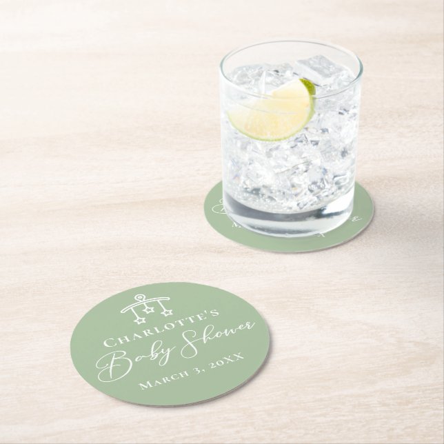 Dessous-de-verre Rond En Papier Baby shower Chic Sage Vert Personnalisé (En situation)