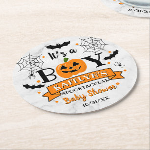 Dessous-de-verre Rond En Papier baby shower Citrouille d'Halloween "C'est un garço