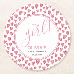 Dessous-de-verre Rond En Papier Baby shower Coeur rose C'est une fille