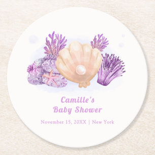 Dessous-de-verre Rond En Papier Baby Shower Coquillage Perle Rétro Violet