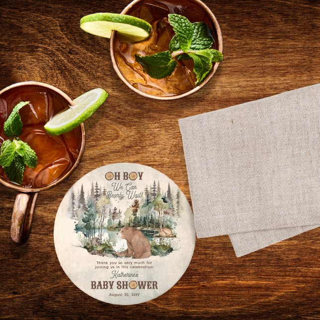 Dessous-de-verre Rond En Papier Baby shower d'attente avant forêt rustique Merci ("Oh Boy We Can Bearly Wait!" Rustic Woodland Bear and Forest Animals Baby Shower Round Coasters)