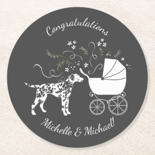 Dessous-de-verre Rond En Papier Baby shower de Chien Dalmatien gris chiot