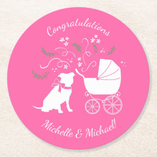 Dessous-de-verre Rond En Papier Baby shower de chien taureau rose
