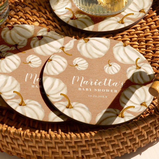 Dessous-de-verre Rond En Papier Baby shower de chute blanc Little citrouille (White Little pumpkin kraft fall baby shower Round Paper Coaster)