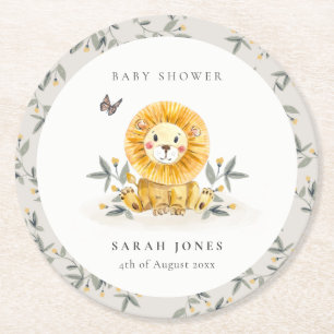Dessous-de-verre Rond En Papier Baby shower de feuillage de Lion d'aquarelle bois 