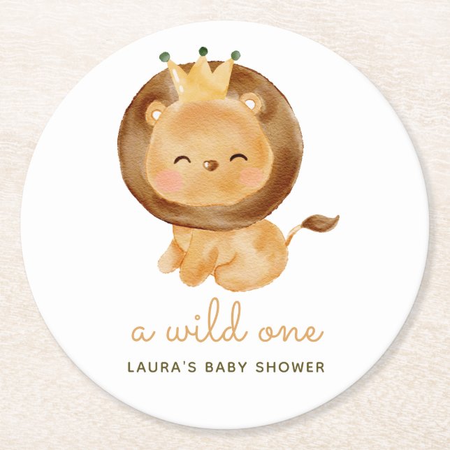 Dessous-de-verre Rond En Papier Baby shower de Feuilles tropicaux Lion aquarelle (Devant)