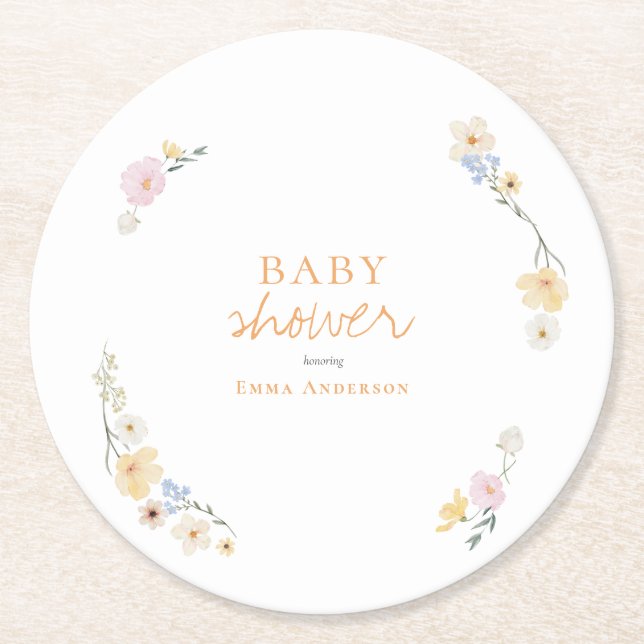 Dessous-de-verre Rond En Papier Baby shower de fleurs boho botaniques Script (Devant)