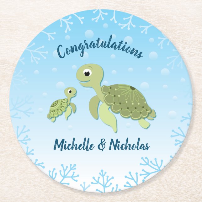 Dessous-de-verre Rond En Papier Baby shower de tortue de mer Co-Ed Genre Neutre (Devant)
