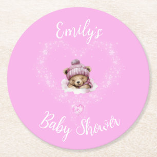 Dessous-de-verre Rond En Papier Baby shower d'ours en peluche rose enneigé