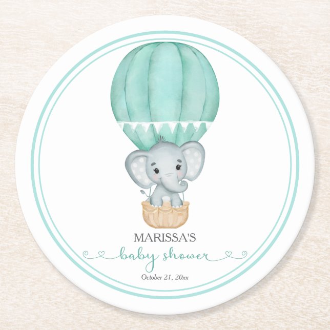 Dessous-de-verre Rond En Papier Baby shower écologique éléphant genre neutre (Devant)
