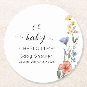 Dessous-de-verre Rond En Papier Baby-Shower Fleur Sauvage Aquarelle