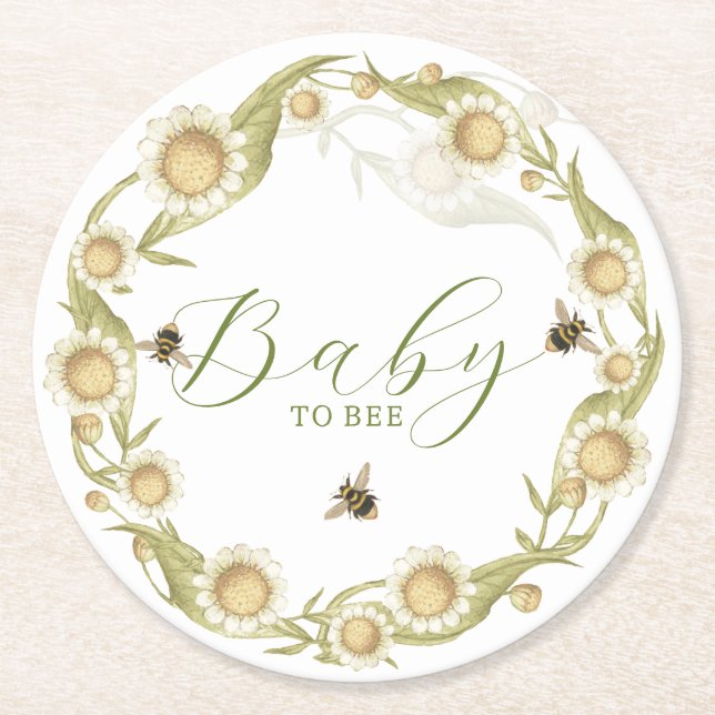 Dessous-de-verre Rond En Papier Baby shower fleur sauvage bébé à abeille (Devant)