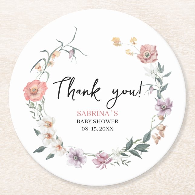 Dessous-de-verre Rond En Papier baby shower Fleur sauvage Merci (Devant)