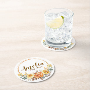 Dessous-de-verre Rond En Papier Baby Shower Floral Orange Élégant