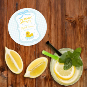 Dessous-de-verre Rond En Papier Baby Shower Gingham Garçon Gouttelettes d'Eau