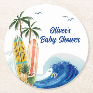 Dessous-de-verre Rond En Papier Baby shower moderne Blue Ocean Wave Surboard