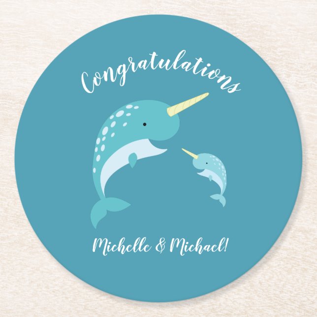 Dessous-de-verre Rond En Papier Baby shower Narwhal Jaune Genre Baleine Neutre (Devant)