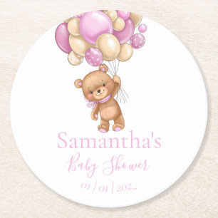 Dessous-de-verre Rond En Papier Baby shower rose blanc à bulle d'ours en peluche