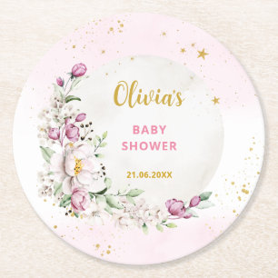 Dessous-de-verre Rond En Papier Baby shower rose lune florale