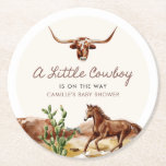 Dessous-de-verre Rond En Papier Baby shower Western Cowboy<br><div class="desc">Un Petit Cowboy est en route ! Les dessous de verre de baby showers sont parfaits pour une fête sur le thème de l'Occident. Objets correspondants dans notre magasin Cava Party Design.</div>