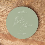 Dessous-de-verre Rond En Papier Baby shower Whimsical Sage Green<br><div class="desc">Présentant notre dessous de verre rond de baby shower vert à la sauge fantaisie, parfait pour votre simple fête moderne de bouho toute saison de l'année! Ce dessous de verre à l'ambiance boho-chic et neutre, à la calligraphie élégante et au design minimaliste délicat, est idéal pour les filles comme pour...</div>