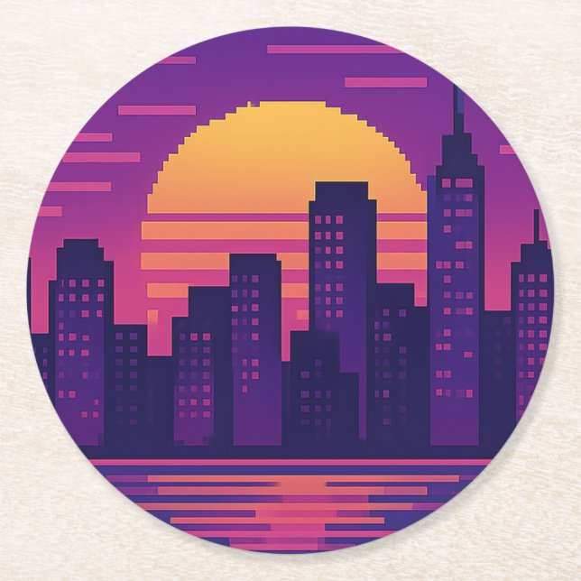 Dessous-de-verre Rond En Papier badge de ville de néon 8 bits (Devant)