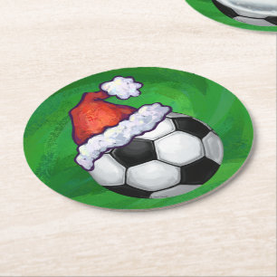 Dessous-de-verre Rond En Papier Bal de football Santa Chapeau sur Vert