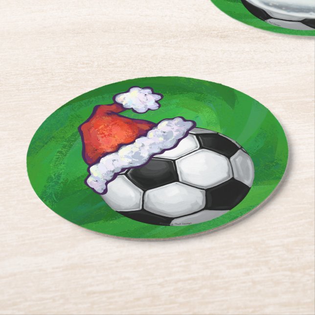 Dessous-de-verre Rond En Papier Bal de football Santa Chapeau sur Vert (Incliné)
