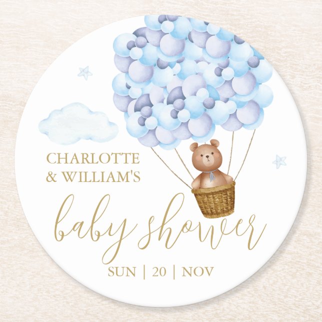 Dessous-de-verre Rond En Papier Ballons bleu Teddy Bear Baby shower garçon (Devant)