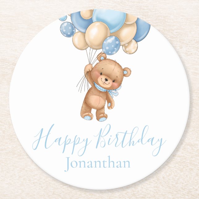 Dessous-de-verre Rond En Papier Ballons Ours En Teddy Joyeux Bleu Boy Anniversaire (Devant)