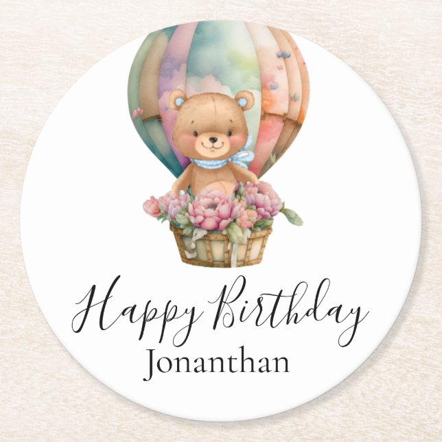 Dessous-de-verre Rond En Papier Balloon Ours Teddy Joyeux anniversaire (Devant)