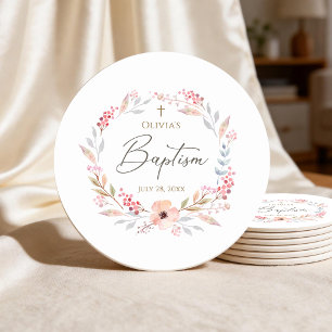 Dessous-de-verre Rond En Papier Baptême Fille Rose Pâle Floral