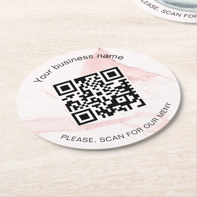 Dessous-de-verre Rond En Papier Bar d'affaires en marbre rose menu qr code (Incliné)