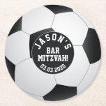 Dessous-de-verre Rond En Papier Bar de soccer personnalisé Mitzvah noir blanc<br><div class="desc">Dessous de verre en papier rond Bar Mitzvah en soccer noir et blanc personnalisés. Personnalisé avec le nom de votre fils et la date de Bar Mitzvah.</div>