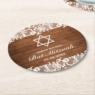 Dessous-de-verre Rond En Papier Bat mitzvah de bar en dentelle rustique et blanc