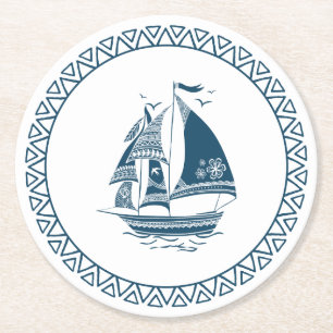 Dessous-de-verre Rond En Papier Bateau à vent marin bleu marine