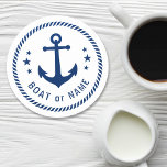 Dessous-de-verre Rond En Papier Bateau ou nom Vintage Ancre Étoiles corde Bleu Bla<br><div class="desc">Un ensemble de dessous de verre ronds nautiques élégant avec votre nom personnalisé, nom de bateau ou autre texte souhaité. Dispose d'une ancre de navire vintage personnalisée avec étoiles et conception de corde. Dans un beau bleu marine sur une base blanche ou customisez facilement la couleur de base pour correspondre...</div>