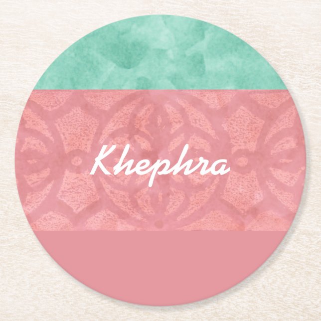 Dessous-de-verre Rond En Papier Batik Rose Ruddy Et Aquarelle Bleue Nom (Devant)