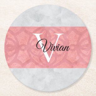 Dessous-de-verre Rond En Papier Batik Rose Ruddy Et Aquarelle Gris Monogramme