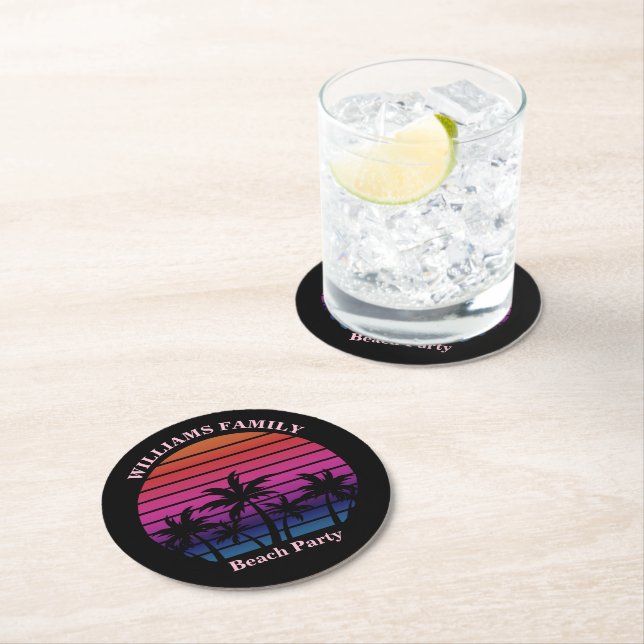 Dessous-de-verre Rond En Papier Beach Party Tropical Sunset Palm Trees Black (En situation)